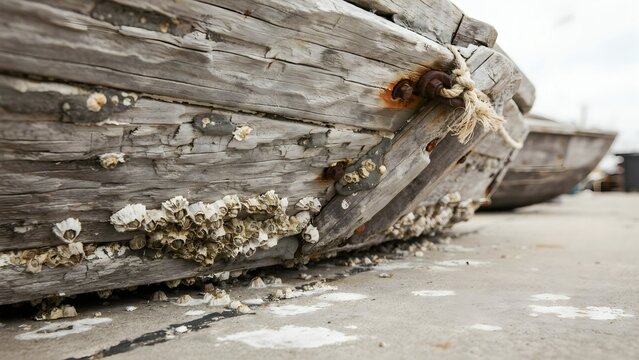 Close-up of weathered wooden boat hull with barnacles on a dock
