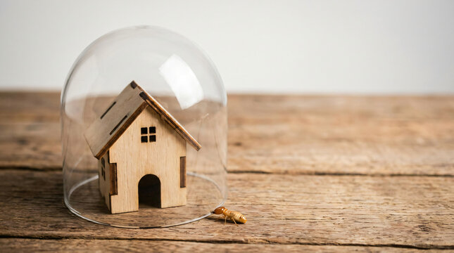 A small wooden model house protected inside a transparent glass dome from a single termite crawling on a rustic wooden table, symbolizing home insurance, pest control, security, and property defense.