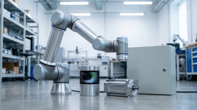 Collaborative robot arm beside a LiDAR sensor pod and control cabinet in a clean startup lab.