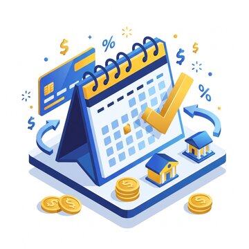 Isometric illustration of a calendar with a checkmark, credit card, houses, and coins representing financial planning