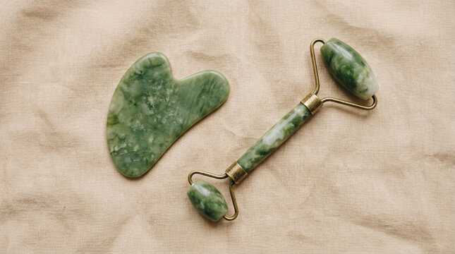 Green Jade Facial Roller and Gua Sha Tool on Textured Beige Background Spa and Skincare Concept