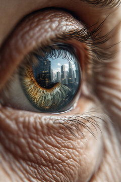 Macro close-up of a human eye with reflections, authentic senior skin texture