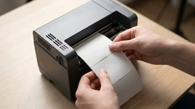 Close-up of human hands peeling a roll of blank white adhesive shipping labels from a modern dark gray thermal barcode printer sitting on a light wooden office desk during daytime work.