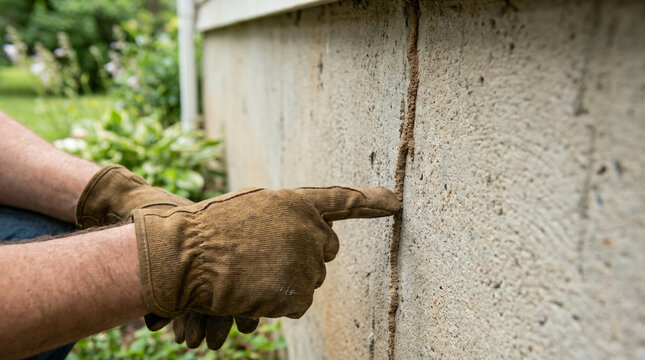 Close-up of a pest control inspector pointing a gloved finger at a destructive termite mud tube running vertically along a concrete house foundation wall, highlighting property damage and pest