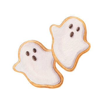 Two Ghost-Shaped Cookies with Icing, Watercolor Illustration