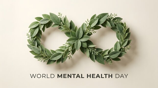 Infinity symbol made of green leaves for World Mental Health Day card