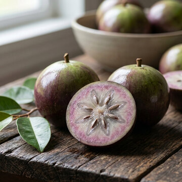Fresh Star Apple Fruit Caimito Whole and Halved on Wooden Board Natural Light