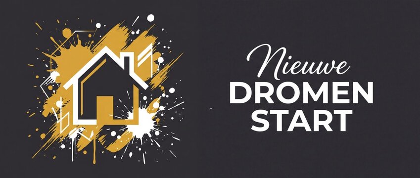 Real estate house icon banner with Dutch text Nieuwe Dromen Start, modern gold paint splatter graphic on dark background for moving home, property buying, mortgage, and dream house marketing template.