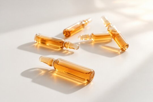 Golden glass ampoules with amber liquid arranged on a white surface with dramatic sunlight and soft shadows, minimal pharmaceutical and skincare concept.