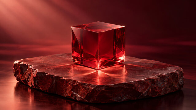 Root chakra background with a ruby glass cube on a red stone platform. Grounding, resilience and secure foundations concept for meditation practice, yoga spaces, mindful focus and spiritual wellness.