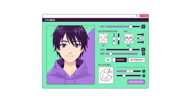 Anime VTuber Avatar Maker Interface Illustration Featuring a Purple-Haired Male Character and Streaming Software Settings