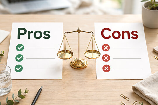 Pros And Cons List With Balance Scale On Desk Decision Making Business Concept