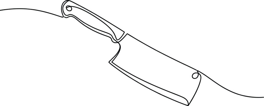 Continuous single line drawing of a sharp kitchen meat cleaver knife used for cooking and food preparation in a minimalist artistic style design