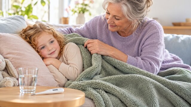 Grandmother tucking sick child under blanket on sofa at home. Family caregiving and comfort during illness. Childhood health and recovery. Temperature check and home care.