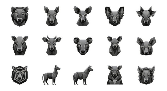 Set of geometric animal heads and bodies in low poly style for modern