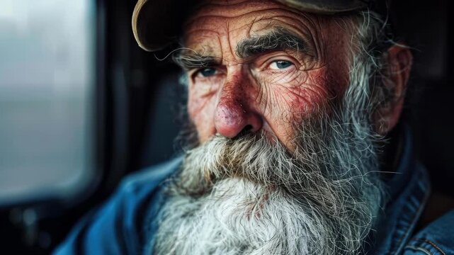 Close-up portrait of a rugged elderly man with a long white beard and weathered skin