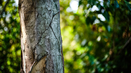 Obraz premium Close up view of a laurel tree trunk showcasing its textured bark, surrounded by a blurred green forest background, suggesting natural beauty and forest exploration.