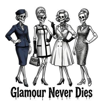 Four stylish vintage women with skeleton faces wearing fashionable retro clothing and accessories as an isolated object on isolated on transparent background