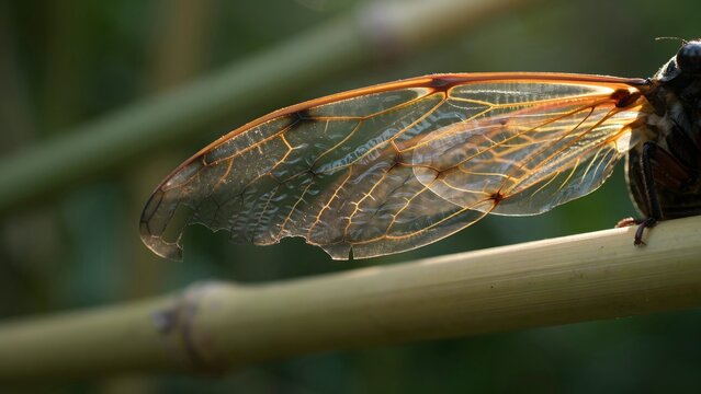 Close-up of a Dragonfly Wing Resting on a Thin Branch in Natural Environment