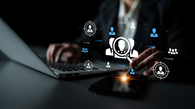Professional analysis of digital networking concepts with hands typing on laptop and abstract social media icons for business or technology themes. Entropy.