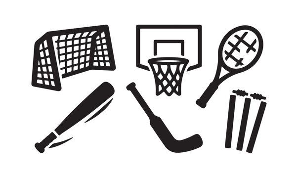 Collection of various sports equipment silhouettes as icons with equipment