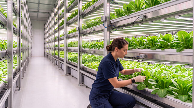 Indoor Farming Specialist Inspecting Vertical Crop Production Facility