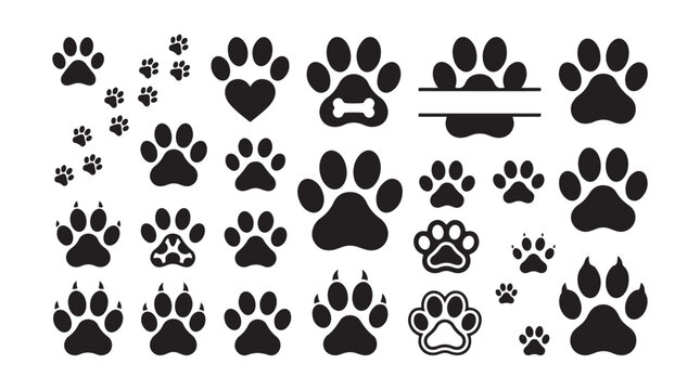 Set of various animal paw print silhouettes and tracks with footprint wildlife silhouette