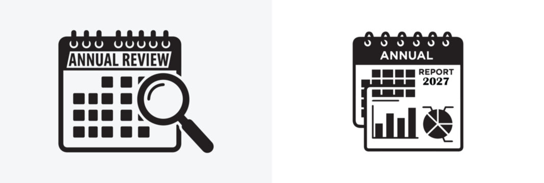 Annual review and business data analysis calendar icons with calendar business analysis