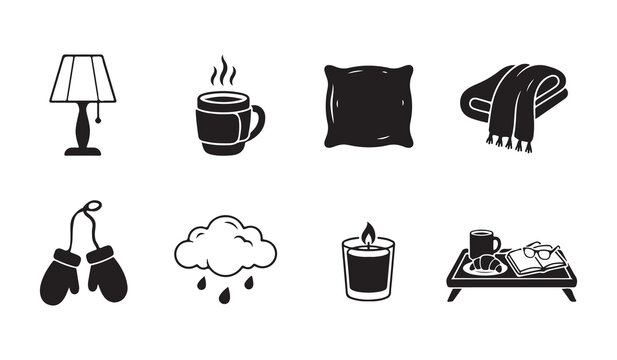 Cozy hygge winter lifestyle home relaxation elements black and white icons with relaxation
