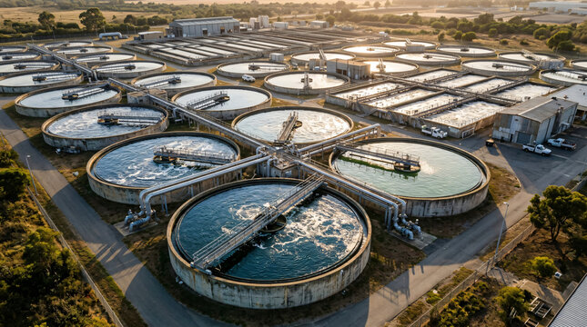 Aerial high angle view of a large modern water treatment plant featuring circular clarifier basins, filtration tanks, concrete structures, piping networks, and morning sunlight reflecting off the