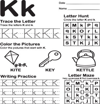 Letter K Worksheet for Kids, Educational Activity Page, Tracing and Coloring Practice