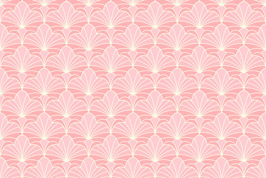 Pink Art Deco Fan Floral Line Seamless Vector Pattern