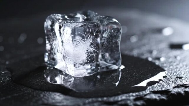 Close-Up Macro Shot of Water Pouring Onto a Single Transparent Ice Cube Resting on a Dark Textured Slate Surface with Melting Droplets and Pooling Liquid