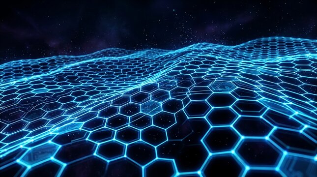 Futuristic hexagonal grid network visualization with glowing blue
