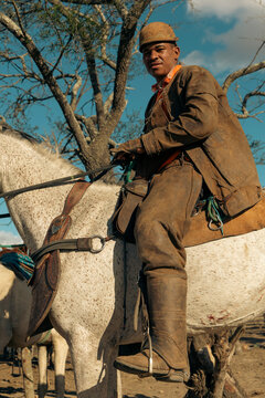 Traditional Brazilian Cowboy Wearing Gib&atilde;o, a Protective Leather Suit Used Against the Thorns of the Caatinga, Preserving Rural Traditions in Northeast Brazil