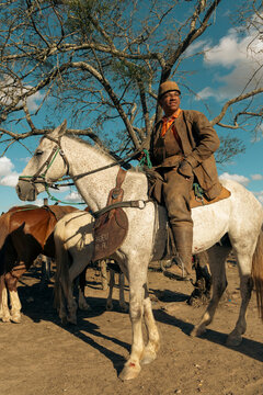 Traditional Brazilian Cowboy Wearing Gib&atilde;o, a Protective Leather Suit Used Against the Thorns of the Caatinga, Preserving Rural Traditions in Northeast Brazil