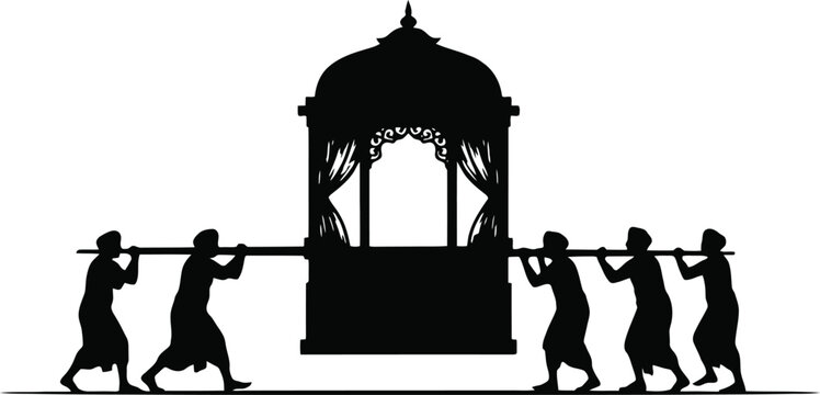Six men carrying a decorated palanquin during a ceremonial procession with ornate temple architecture above
