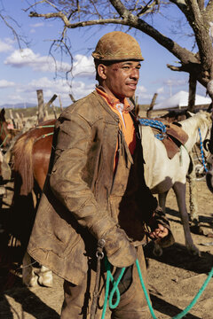 Traditional Brazilian Cowboy Wearing Gib&atilde;o, a Protective Leather Suit Used Against the Thorns of the Caatinga, Preserving Rural Traditions in Northeast Brazil