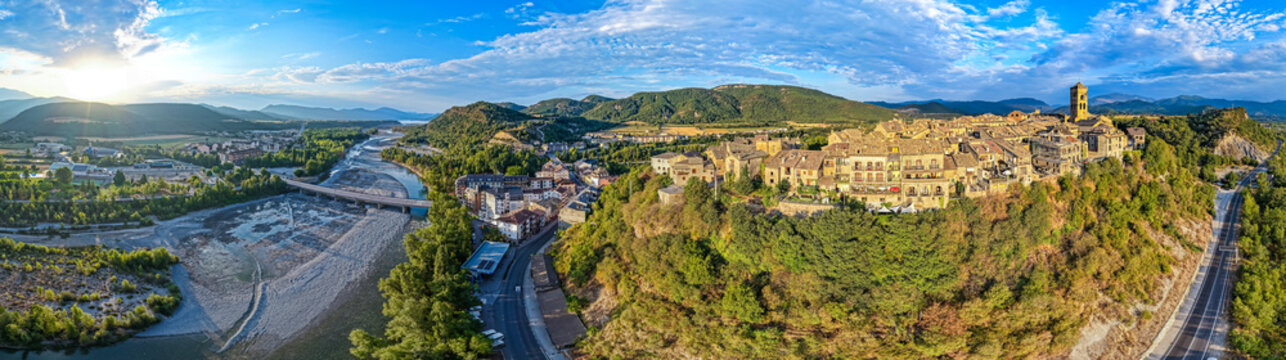 Aerial view above medieval village of Ainsa and castle in Spanish Pyrenees, Huesca, Spain