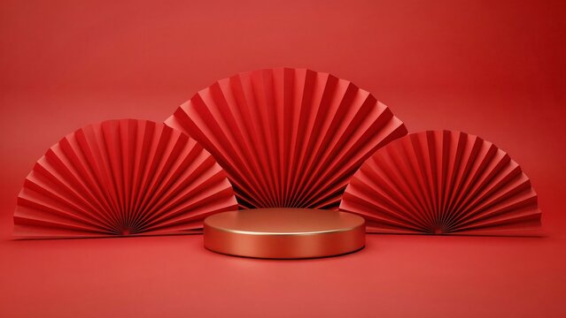 Elegant red product display platform with decorative paper fans background