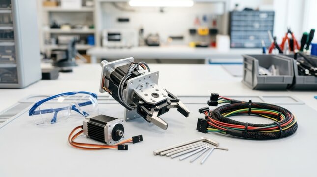 Robotics end effector and servo motor with anti static mat, cable harness, safety goggles, and hex keys on a clean workbench
