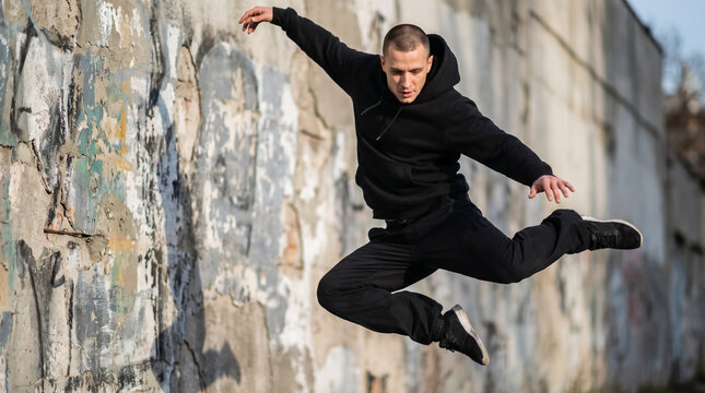Urban dancer jumping midair performing dynamic breakdance tricks outdoors against concrete wall. Concept of breakdancer, street dance, dynamic action, hip hop dancer, midair leap, acrobatics.