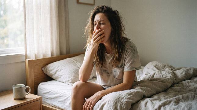 Tired young woman yawning while sitting in bed early morning. Concept of sleep, wake up, exhaustion, fatigue, sleepy.