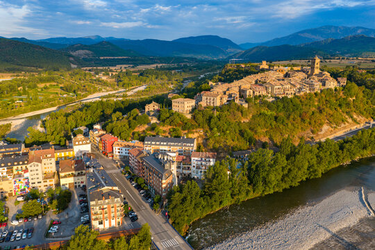 Aerial view above medieval village of Ainsa and castle in Spanish Pyrenees, Huesca, Spain