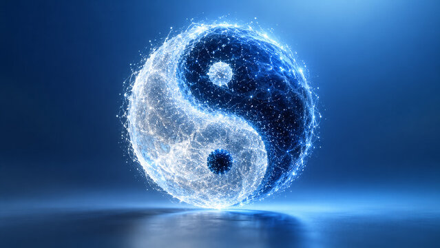 Glowing Yin Yang Sphere of Digital Particles and Energy Waves Representing Harmony and Balance. Concept of duality. Copy space.