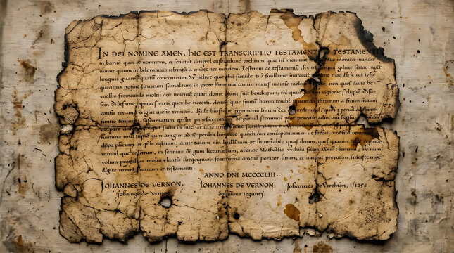 Old vintage parchment paper with handwritten latin text isolated on a textured green background