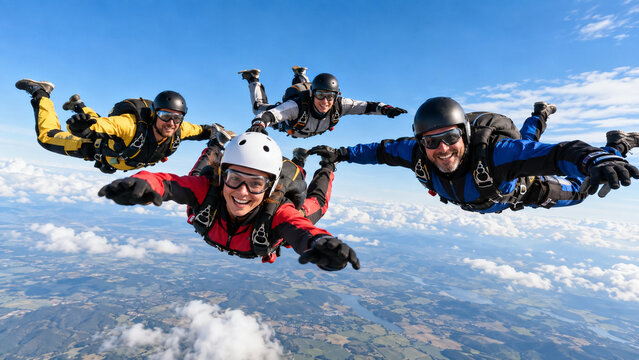 Group of cheerful skydivers freefalling in formation through blue sky above clouds. Concept of skydiving, freefall, extreme sports, parachute team, adrenaline.