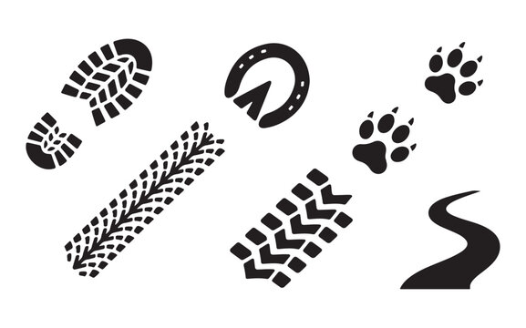 Black silhouette icons of shoe prints tire tracks animal paws and horse shoe shapes