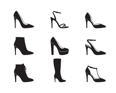 Set of black high heel shoe silhouettes isolated on a clean white background design