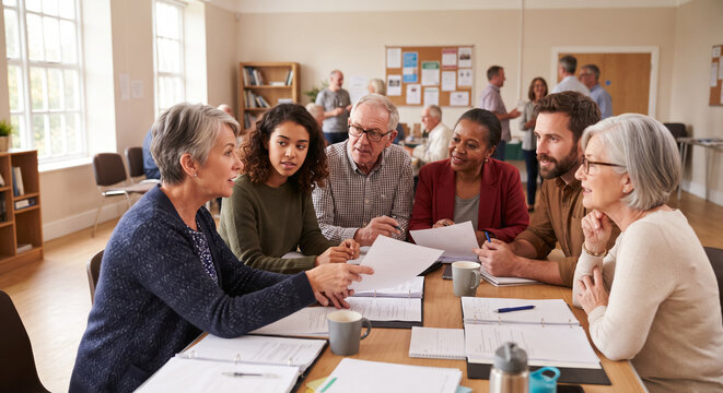 Multigenerational group of diverse people discussing documents at a community meeting. Concept of discussion, teamwork, cooperation, communication.